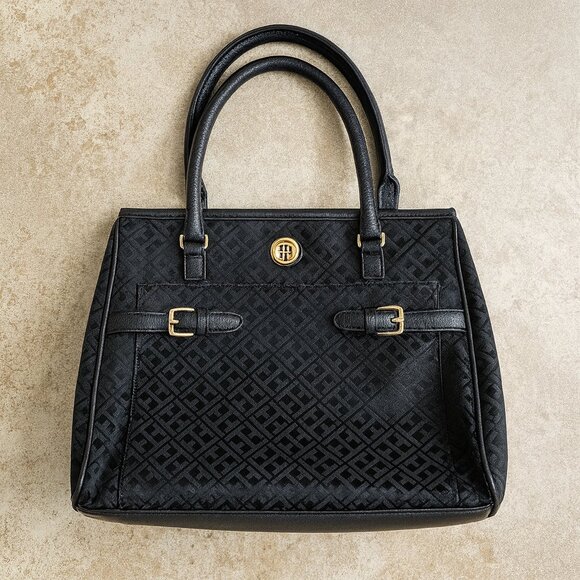 Tommy Hilfiger Handbags - Tommy Hilfiger Black Monogram Satchel Bag Purse Classic Preppy Tote Handbag